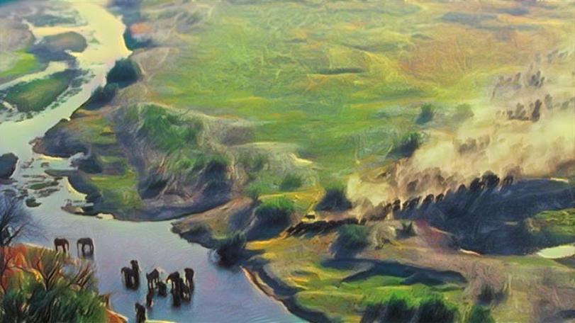 planet ghibli version of the aerial scene from planet earth