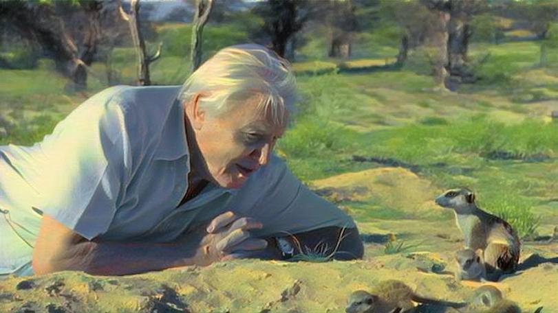 planet ghibli version of sir david and a meerkat